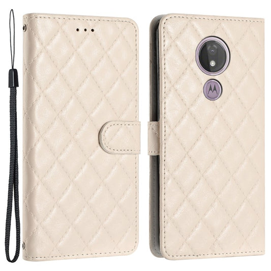 For Motorola Moto G7 Power PU Leather Wallet Case Stitching Line Rhombus Flip Stand Phone Cover - White