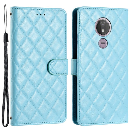 For Motorola Moto G7 Power PU Leather Wallet Case Stitching Line Rhombus Flip Stand Phone Cover - Sky Blue