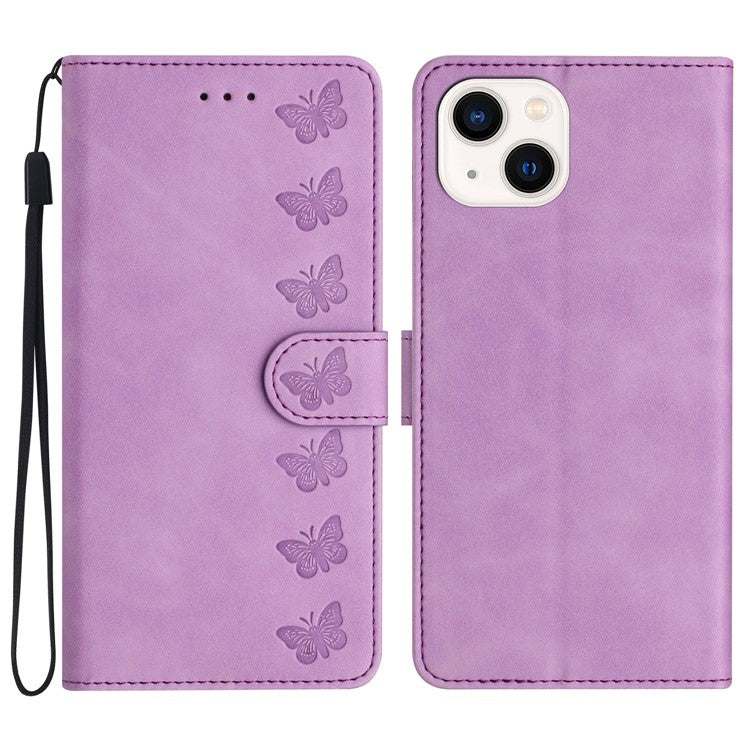 For iPhone 14 Plus Butterfly Imprinted Drop-proof Shell PU Leather Wallet Stand Phone Case - Purple