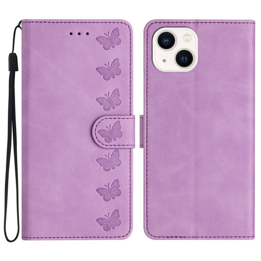 For iPhone 14 Plus Butterfly Imprinted Drop-proof Shell PU Leather Wallet Stand Phone Case - Purple
