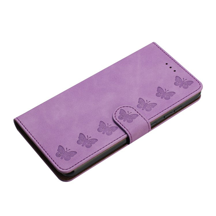 For iPhone 14 Plus Butterfly Imprinted Drop-proof Shell PU Leather Wallet Stand Phone Case - Purple