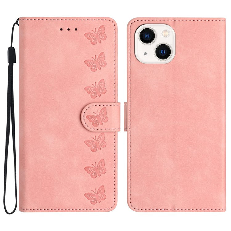 For iPhone 14 Plus Butterfly Imprinted Drop-proof Shell PU Leather Wallet Stand Phone Case - Pink