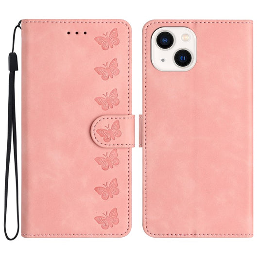 For iPhone 14 Plus Butterfly Imprinted Drop-proof Shell PU Leather Wallet Stand Phone Case - Pink
