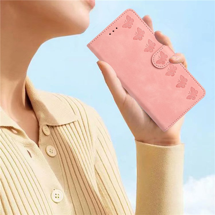 For iPhone 14 Plus Butterfly Imprinted Drop-proof Shell PU Leather Wallet Stand Phone Case - Pink