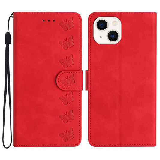 For iPhone 14 Plus Butterfly Imprinted Drop-proof Shell PU Leather Wallet Stand Phone Case - Red