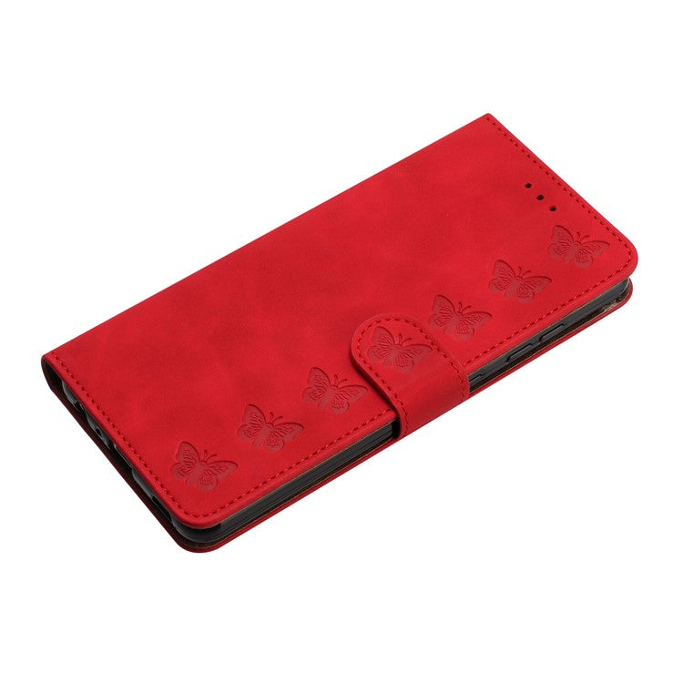 For iPhone 14 Plus Butterfly Imprinted Drop-proof Shell PU Leather Wallet Stand Phone Case - Red