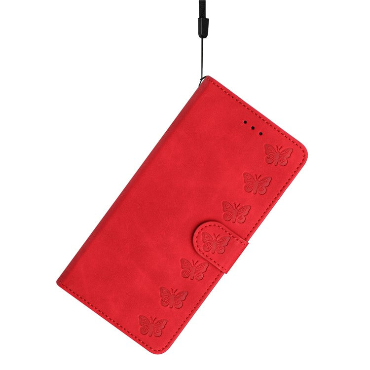 For iPhone 14 Plus Butterfly Imprinted Drop-proof Shell PU Leather Wallet Stand Phone Case - Red