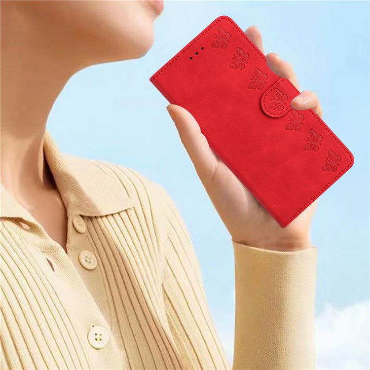 For iPhone 14 Plus Butterfly Imprinted Drop-proof Shell PU Leather Wallet Stand Phone Case - Red
