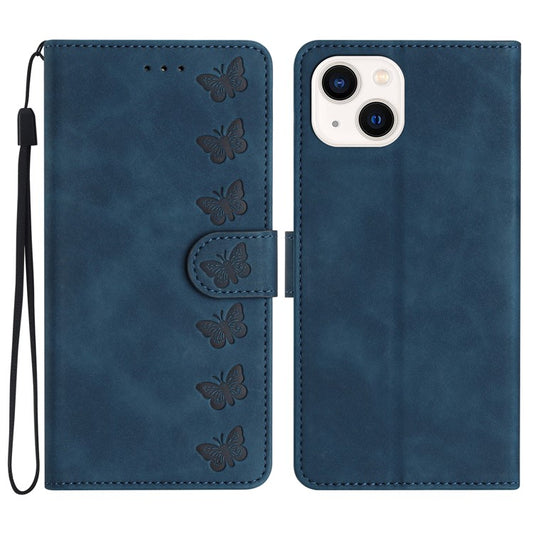 For iPhone 14 Plus Butterfly Imprinted Drop-proof Shell PU Leather Wallet Stand Phone Case - Blue