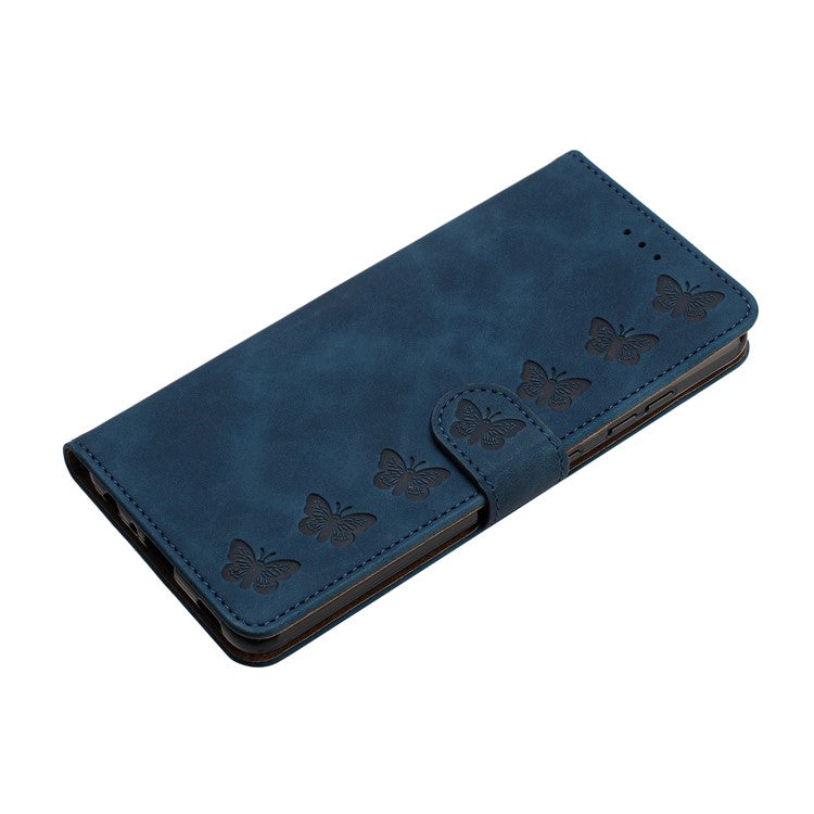 For iPhone 14 Plus Butterfly Imprinted Drop-proof Shell PU Leather Wallet Stand Phone Case - Blue