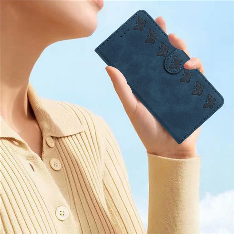 For iPhone 14 Plus Butterfly Imprinted Drop-proof Shell PU Leather Wallet Stand Phone Case - Blue