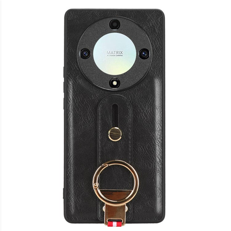 For Honor X9a 5G / Magic5 Lite 5G / X40 5G Leather Coated Phone Case Wristband Kickstand PC+TPU Protective Cover - Black