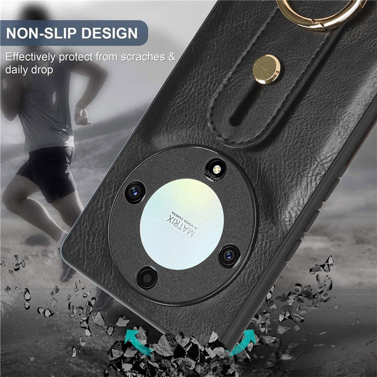 For Honor X9a 5G / Magic5 Lite 5G / X40 5G Leather Coated Phone Case Wristband Kickstand PC+TPU Protective Cover - Black