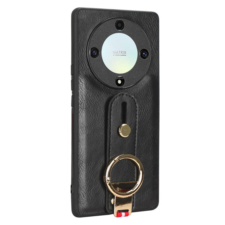 For Honor X9a 5G / Magic5 Lite 5G / X40 5G Leather Coated Phone Case Wristband Kickstand PC+TPU Protective Cover - Black
