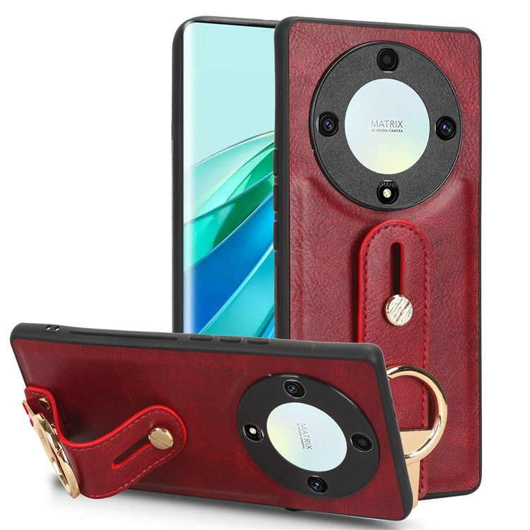 For Honor X9a 5G / Magic5 Lite 5G / X40 5G Leather Coated Phone Case Wristband Kickstand PC+TPU Protective Cover - Red