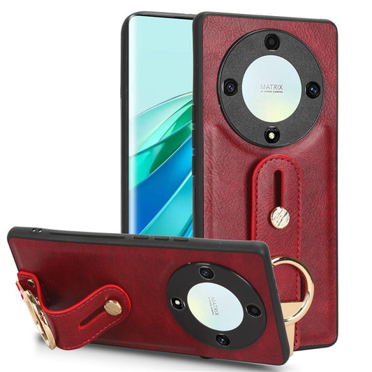 For Honor X9a 5G / Magic5 Lite 5G / X40 5G Leather Coated Phone Case Wristband Kickstand PC+TPU Protective Cover - Red
