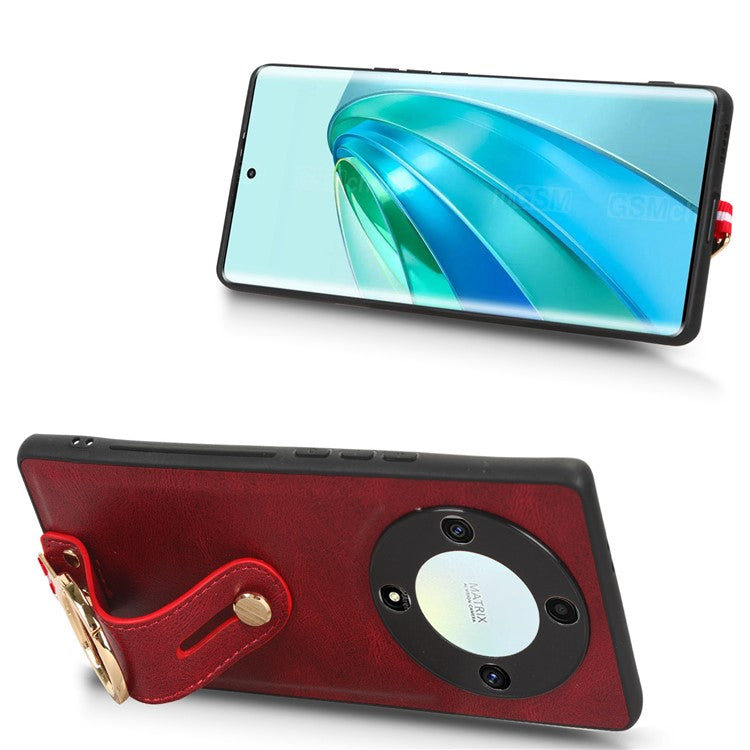 For Honor X9a 5G / Magic5 Lite 5G / X40 5G Leather Coated Phone Case Wristband Kickstand PC+TPU Protective Cover - Red