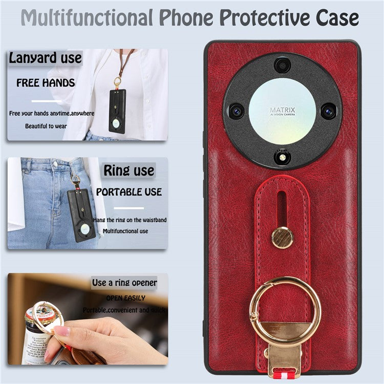 For Honor X9a 5G / Magic5 Lite 5G / X40 5G Leather Coated Phone Case Wristband Kickstand PC+TPU Protective Cover - Red
