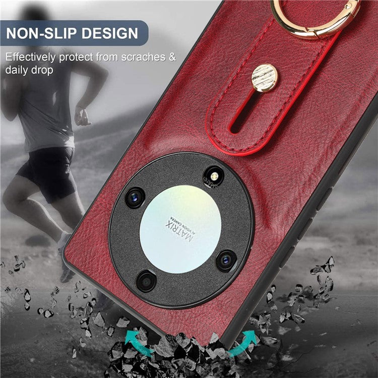 For Honor X9a 5G / Magic5 Lite 5G / X40 5G Leather Coated Phone Case Wristband Kickstand PC+TPU Protective Cover - Red