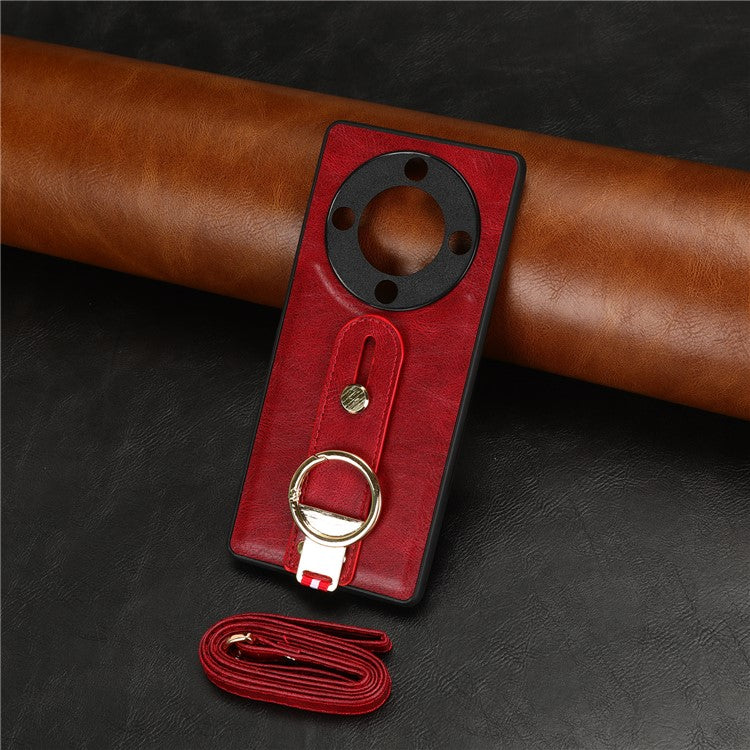 For Honor X9a 5G / Magic5 Lite 5G / X40 5G Leather Coated Phone Case Wristband Kickstand PC+TPU Protective Cover - Red