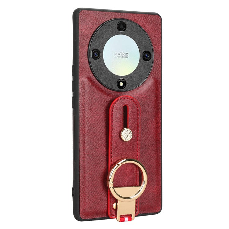 For Honor X9a 5G / Magic5 Lite 5G / X40 5G Leather Coated Phone Case Wristband Kickstand PC+TPU Protective Cover - Red