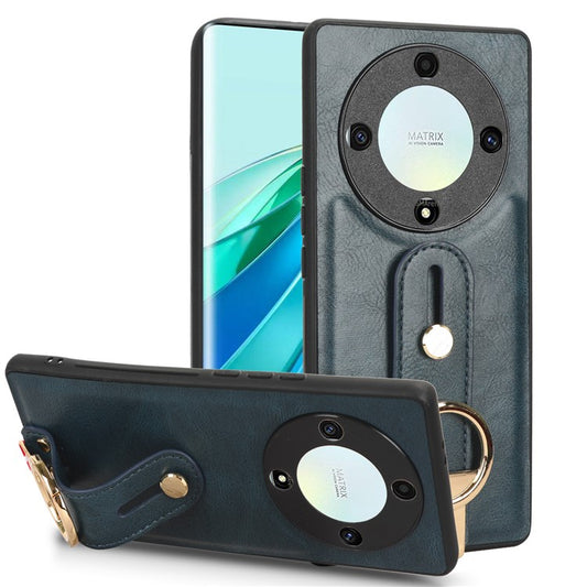 For Honor X9a 5G / Magic5 Lite 5G / X40 5G Leather Coated Phone Case Wristband Kickstand PC+TPU Protective Cover - Blue