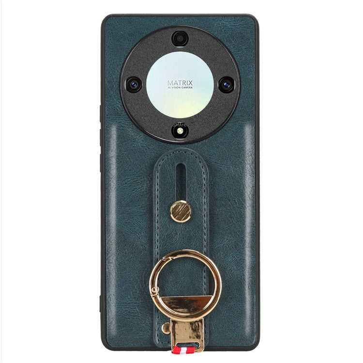 For Honor X9a 5G / Magic5 Lite 5G / X40 5G Leather Coated Phone Case Wristband Kickstand PC+TPU Protective Cover - Blue