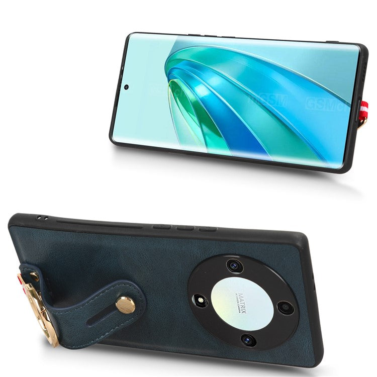 For Honor X9a 5G / Magic5 Lite 5G / X40 5G Leather Coated Phone Case Wristband Kickstand PC+TPU Protective Cover - Blue