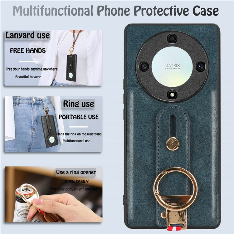 For Honor X9a 5G / Magic5 Lite 5G / X40 5G Leather Coated Phone Case Wristband Kickstand PC+TPU Protective Cover - Blue