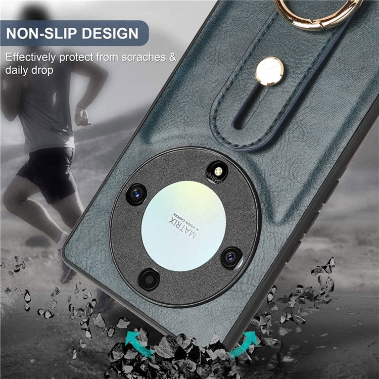 For Honor X9a 5G / Magic5 Lite 5G / X40 5G Leather Coated Phone Case Wristband Kickstand PC+TPU Protective Cover - Blue