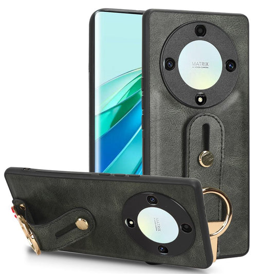 For Honor X9a 5G / Magic5 Lite 5G / X40 5G Leather Coated Phone Case Wristband Kickstand PC+TPU Protective Cover - Green