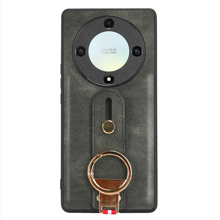 For Honor X9a 5G / Magic5 Lite 5G / X40 5G Leather Coated Phone Case Wristband Kickstand PC+TPU Protective Cover - Green
