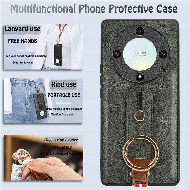 For Honor X9a 5G / Magic5 Lite 5G / X40 5G Leather Coated Phone Case Wristband Kickstand PC+TPU Protective Cover - Green