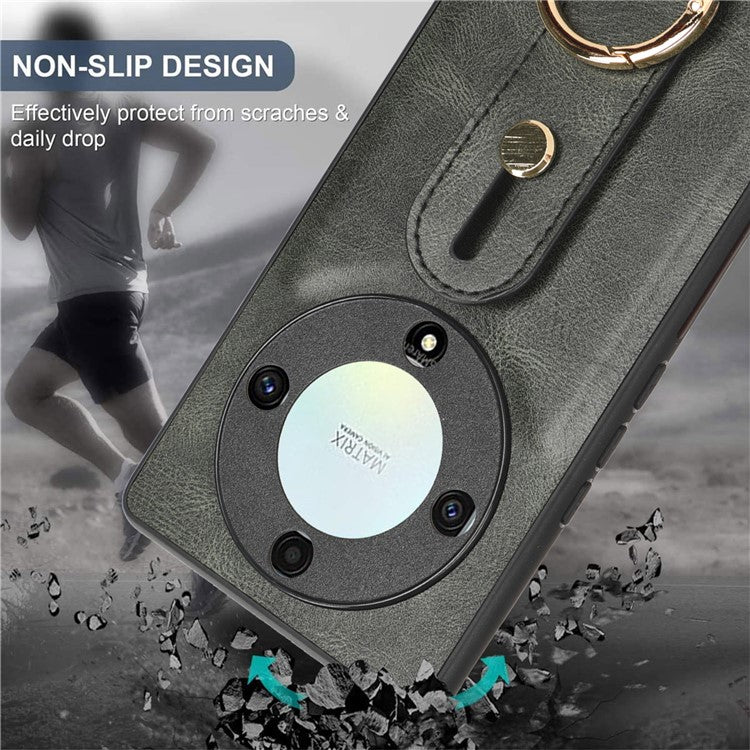 For Honor X9a 5G / Magic5 Lite 5G / X40 5G Leather Coated Phone Case Wristband Kickstand PC+TPU Protective Cover - Green