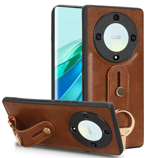 For Honor X9a 5G / Magic5 Lite 5G / X40 5G Leather Coated Phone Case Wristband Kickstand PC+TPU Protective Cover - Brown