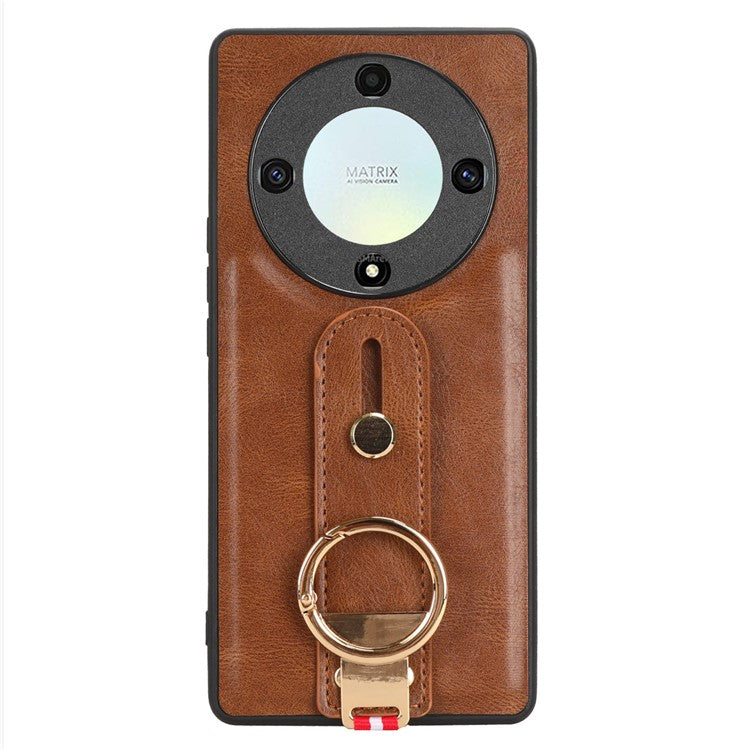 For Honor X9a 5G / Magic5 Lite 5G / X40 5G Leather Coated Phone Case Wristband Kickstand PC+TPU Protective Cover - Brown