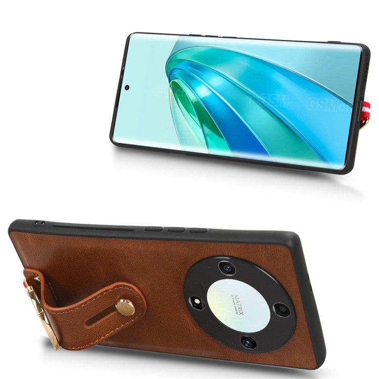 For Honor X9a 5G / Magic5 Lite 5G / X40 5G Leather Coated Phone Case Wristband Kickstand PC+TPU Protective Cover - Brown