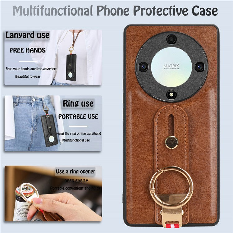 For Honor X9a 5G / Magic5 Lite 5G / X40 5G Leather Coated Phone Case Wristband Kickstand PC+TPU Protective Cover - Brown