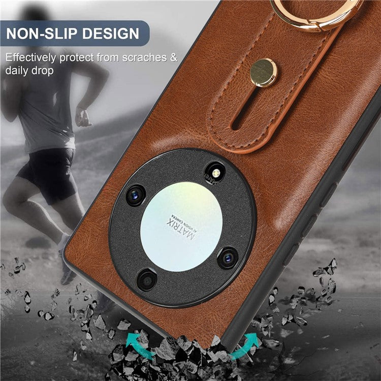For Honor X9a 5G / Magic5 Lite 5G / X40 5G Leather Coated Phone Case Wristband Kickstand PC+TPU Protective Cover - Brown