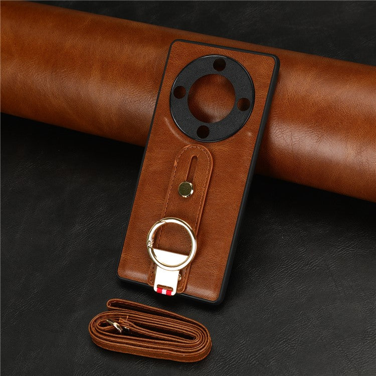 For Honor X9a 5G / Magic5 Lite 5G / X40 5G Leather Coated Phone Case Wristband Kickstand PC+TPU Protective Cover - Brown