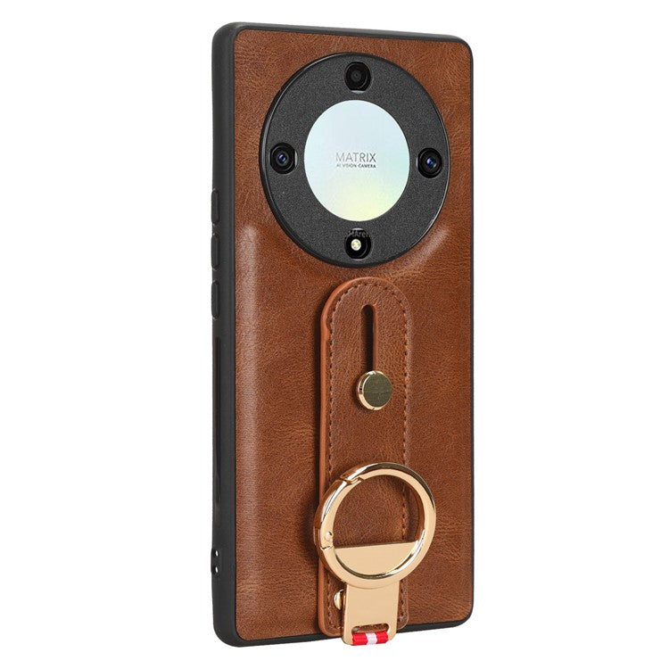 For Honor X9a 5G / Magic5 Lite 5G / X40 5G Leather Coated Phone Case Wristband Kickstand PC+TPU Protective Cover - Brown