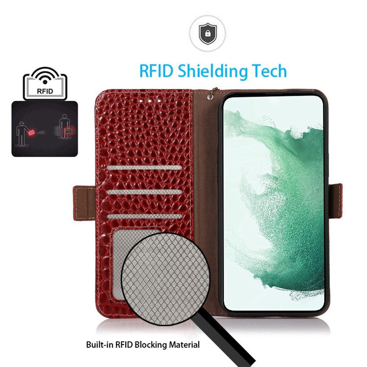 For Samsung Galaxy F14 5G RFID Blocking Phone Case Genuine Cowhide Leather Wallet Stand Cover - Red