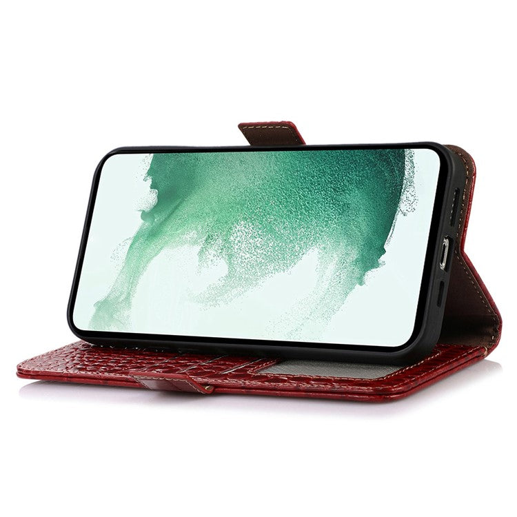 For Samsung Galaxy F14 5G RFID Blocking Phone Case Genuine Cowhide Leather Wallet Stand Cover - Red