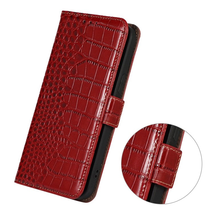 For Samsung Galaxy F14 5G RFID Blocking Phone Case Genuine Cowhide Leather Wallet Stand Cover - Red