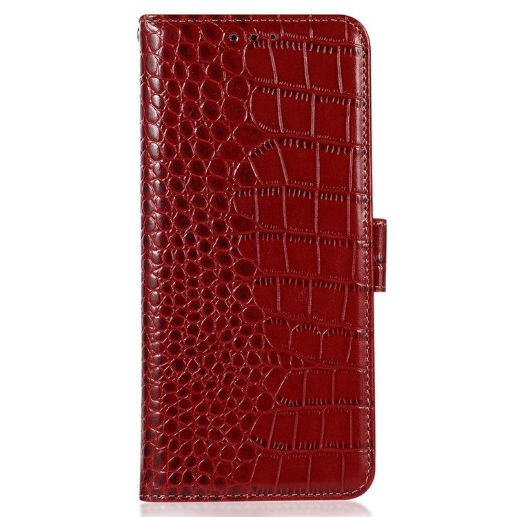 For Samsung Galaxy F14 5G RFID Blocking Phone Case Genuine Cowhide Leather Wallet Stand Cover - Red