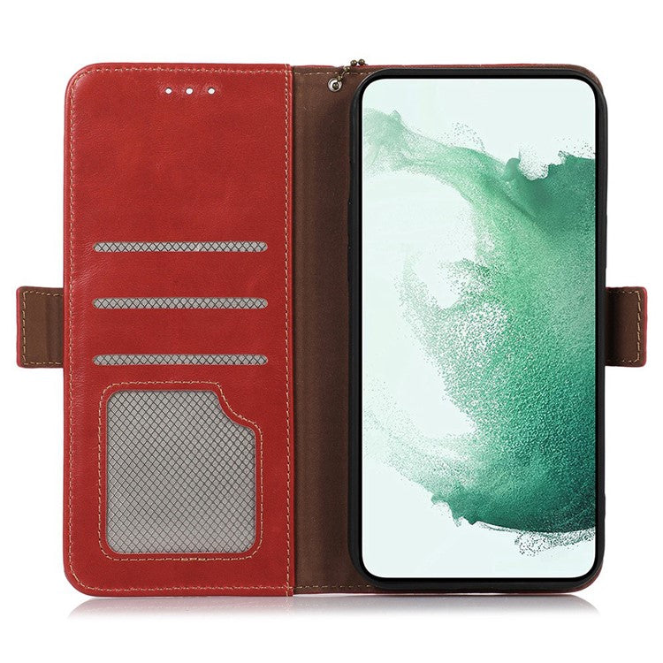 For Samsung Galaxy F14 5G RFID Blocking Phone Cover Genuine Cowhide Leather Case with Stand Wallet - Red