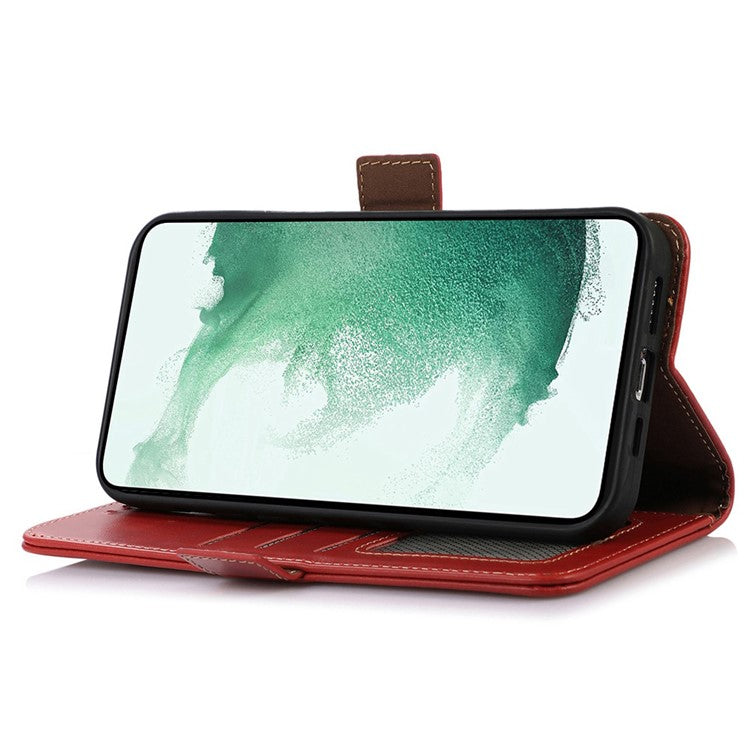 For Samsung Galaxy F14 5G RFID Blocking Phone Cover Genuine Cowhide Leather Case with Stand Wallet - Red