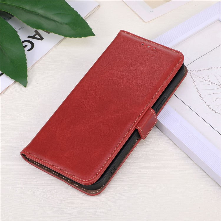 For Samsung Galaxy F14 5G RFID Blocking Phone Cover Genuine Cowhide Leather Case with Stand Wallet - Red