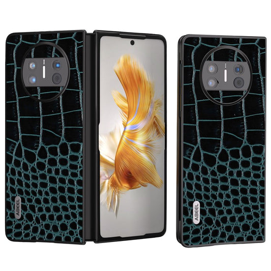 ABEEL For Huawei Mate X3 5G Crocodile Texture Shockproof Phone Case Genuine Cowhide Leather Coated PC Black Edge Cover - Blue