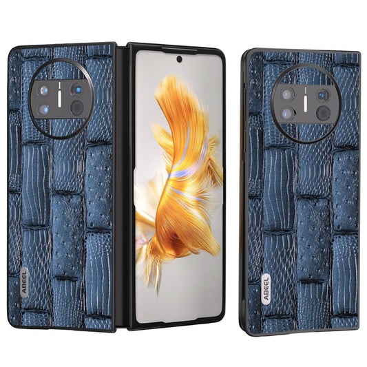 ABEEL For Huawei Mate X3 5G Mahjong Texture Anti-Slip Case Genuine Cowhide Leather Coated PC Black Edge Phone Cover - Blue